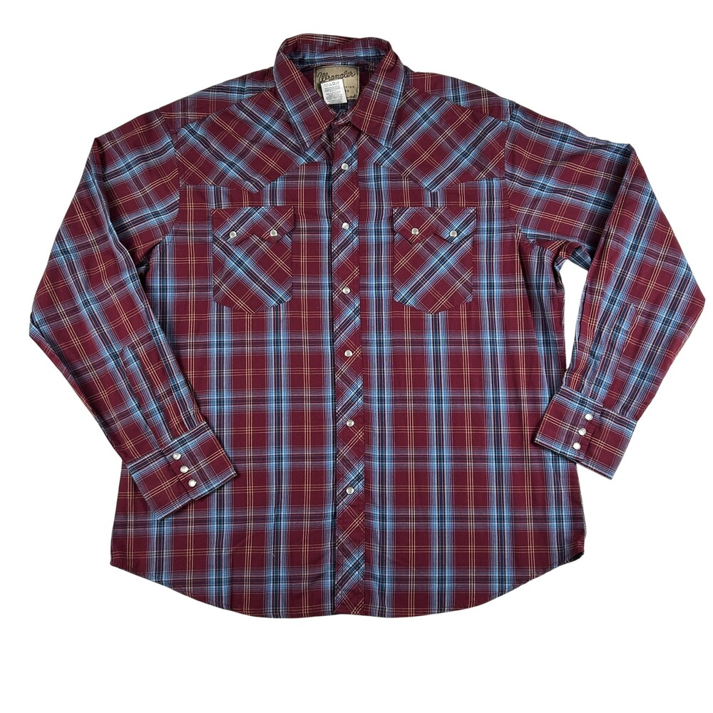 Wrangler Shirt Mens XL Red Blue Plaid Western Pearl Snap Long Sleeve Casual